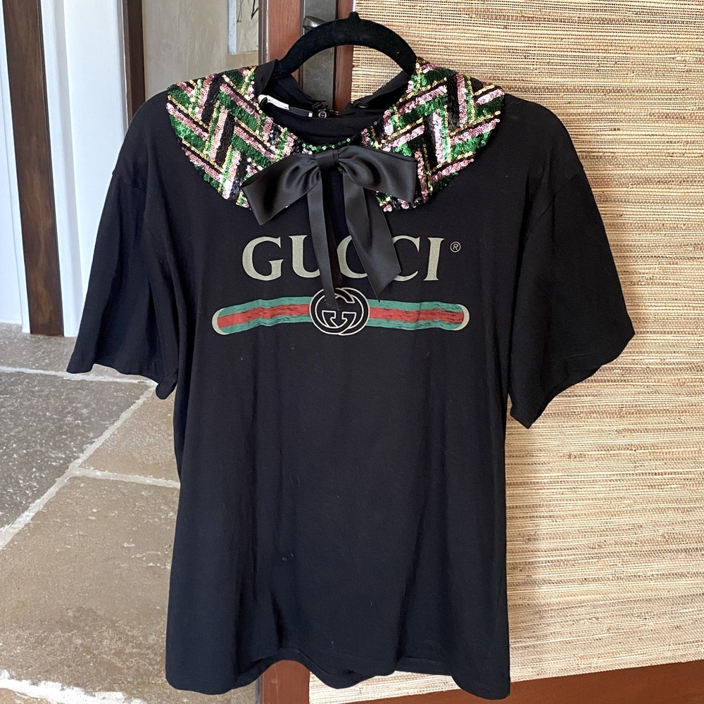 Authentic Gucci Oversized Logo T-Shirt with Embellished Collar